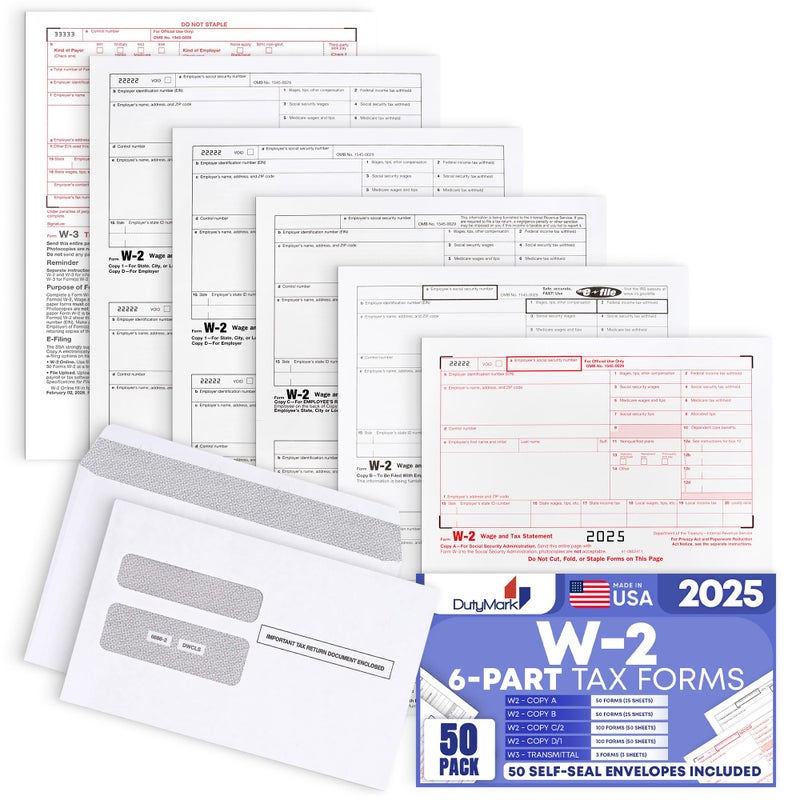 Dutymark 50 W2 Forms 2025 with Envelopes, 6 Part W2 Tax Forms for 50 Employees IRS Compatible Laser Forms with 3 W3s, Works with Quick Books in Other Software - Includes 50 Self-Seal Envelopes - Image 1